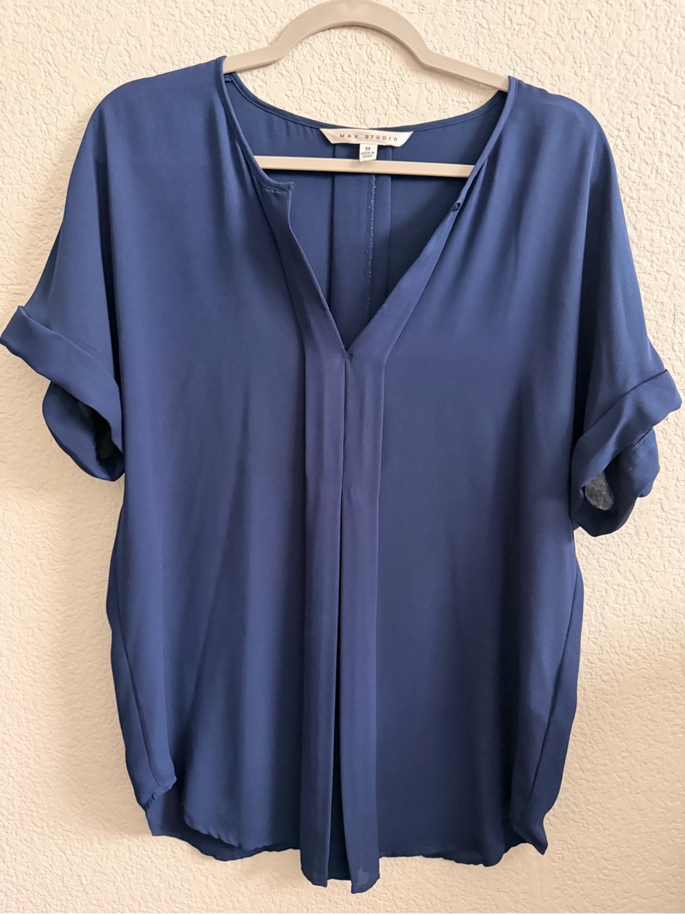 Max Studio Blue Relaxed V-Neck Short Sleeve Blouse